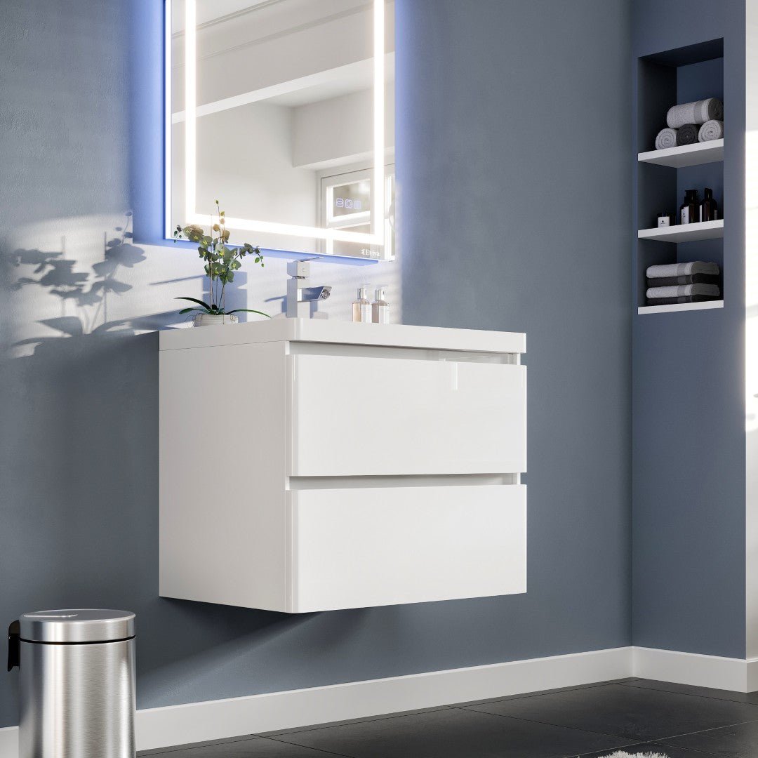 Glazzy 28 in. White Wall Mount Single Sink Bath Vanity with Acrylic Top and Integrated Sink - Bathroom Vanity by Eviva