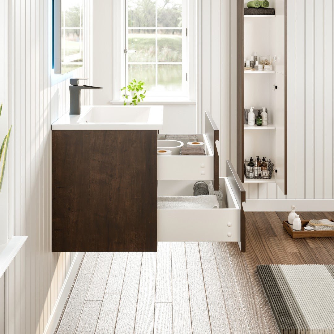Joy 24 in. Rosewood Wall Mount Single Sink Bath Vanity with Porcelain Top and Integrated Sink - Bathroom Vanity by Eviva
