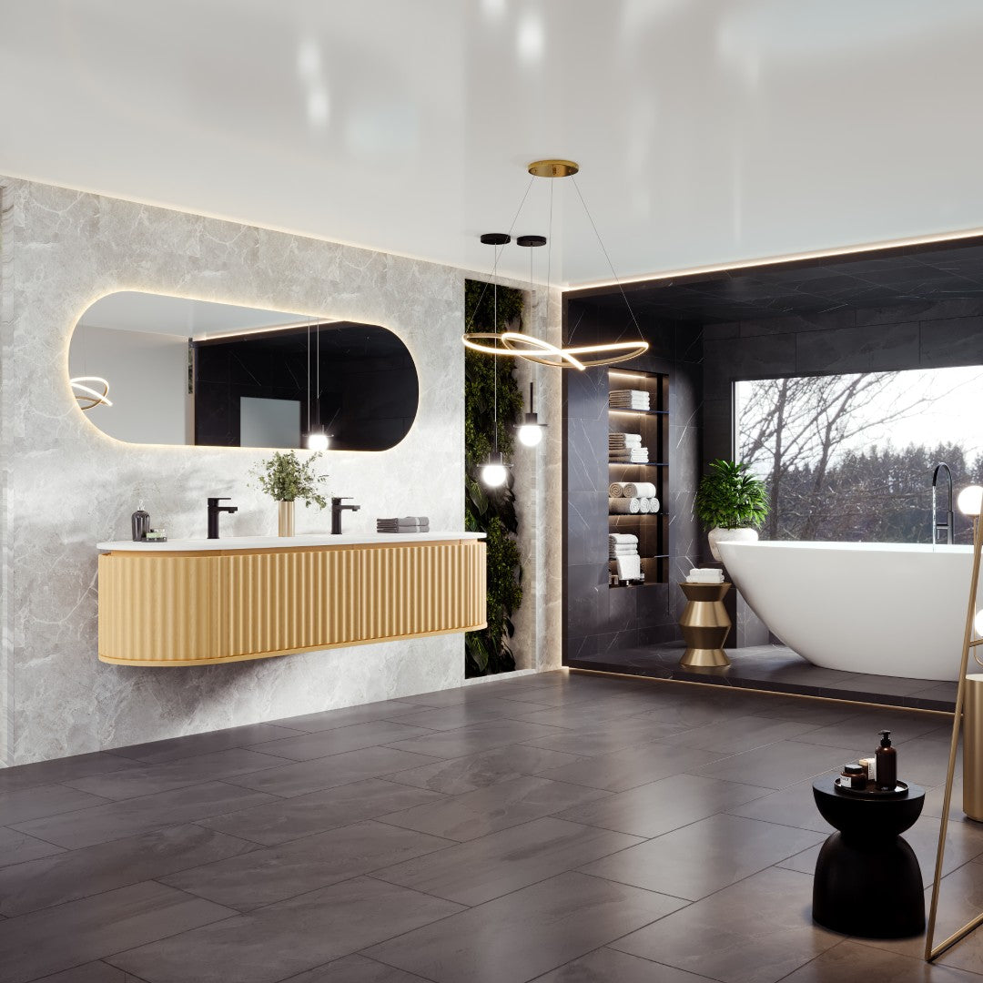 Haven 71 in. Natural Oak Wall Mount Double Sink Bath Vanity with Solid Surface Top and Integrated Sinks