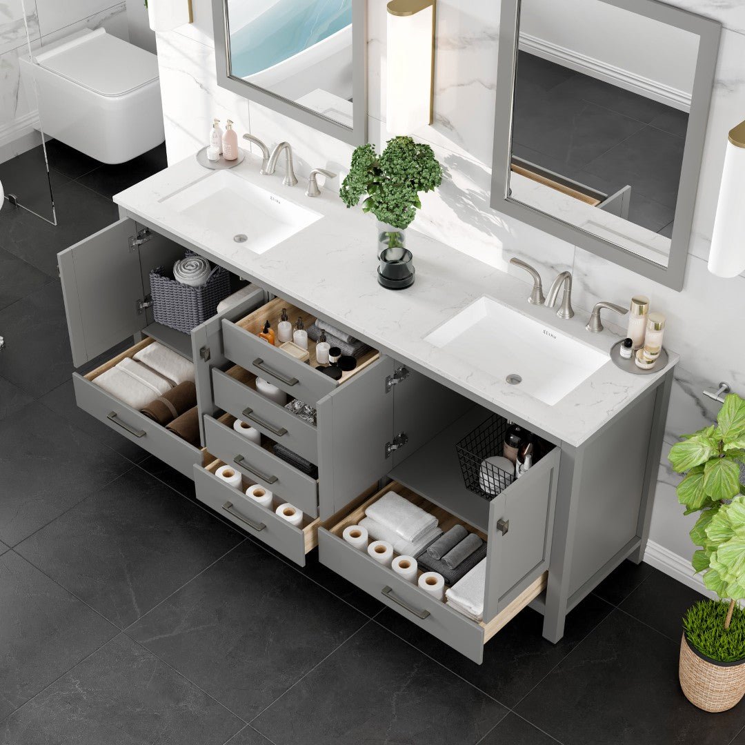 Aberdeen 78 in. Gray Double Sink Bath Vanity with Carrara Quartz Top and Undermount Porcelain Sinks - Bathroom Vanity by Eviva