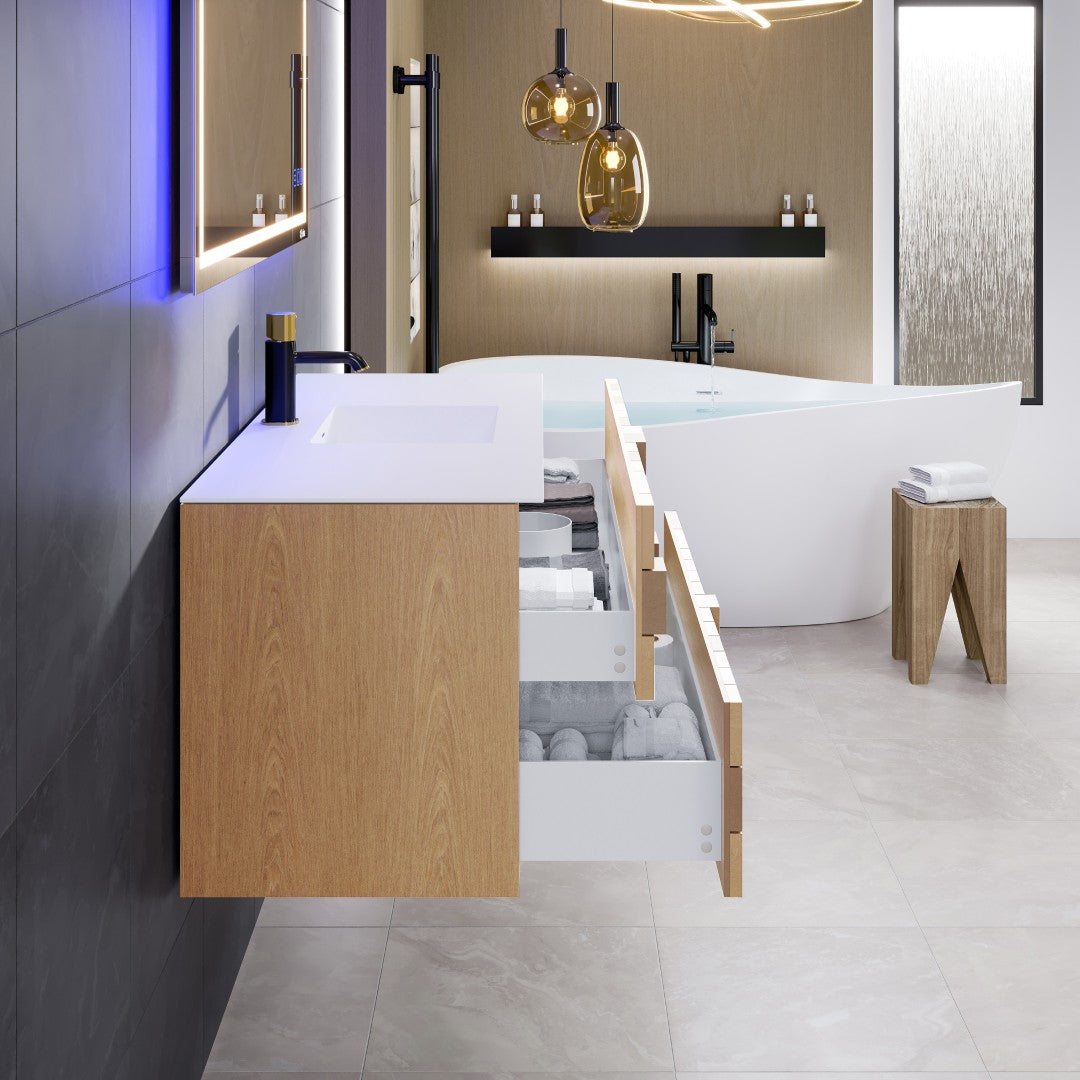 Mosaic 49 in. Natural Oak Wall Mount Single Sink Bath Vanity with Solid Surface Top and Integrated Sink