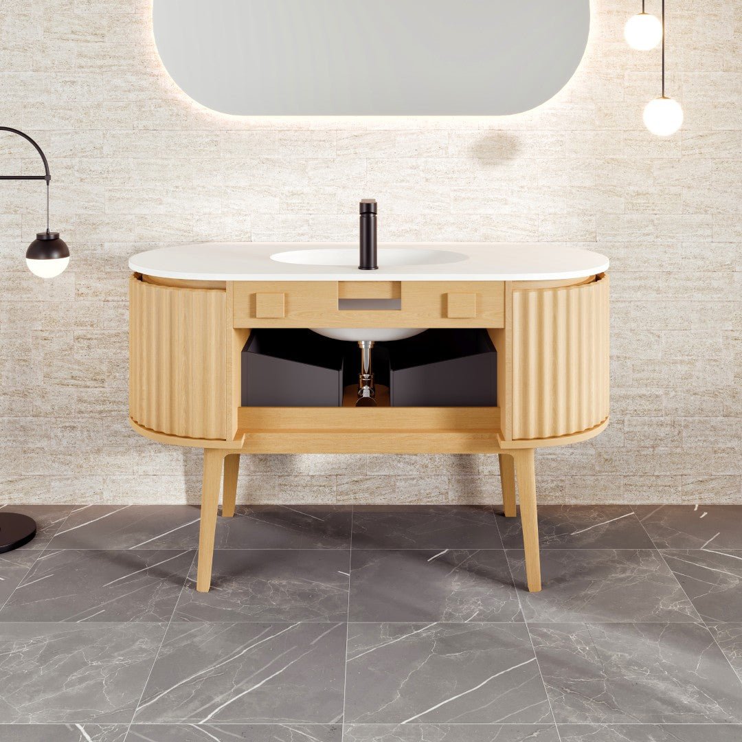 Haven 48 in. Natural Oak Freestanding Single Sink Bath Vanity with Solid Surface Top and Integrated Sink - Bathroom Vanity by Eviva