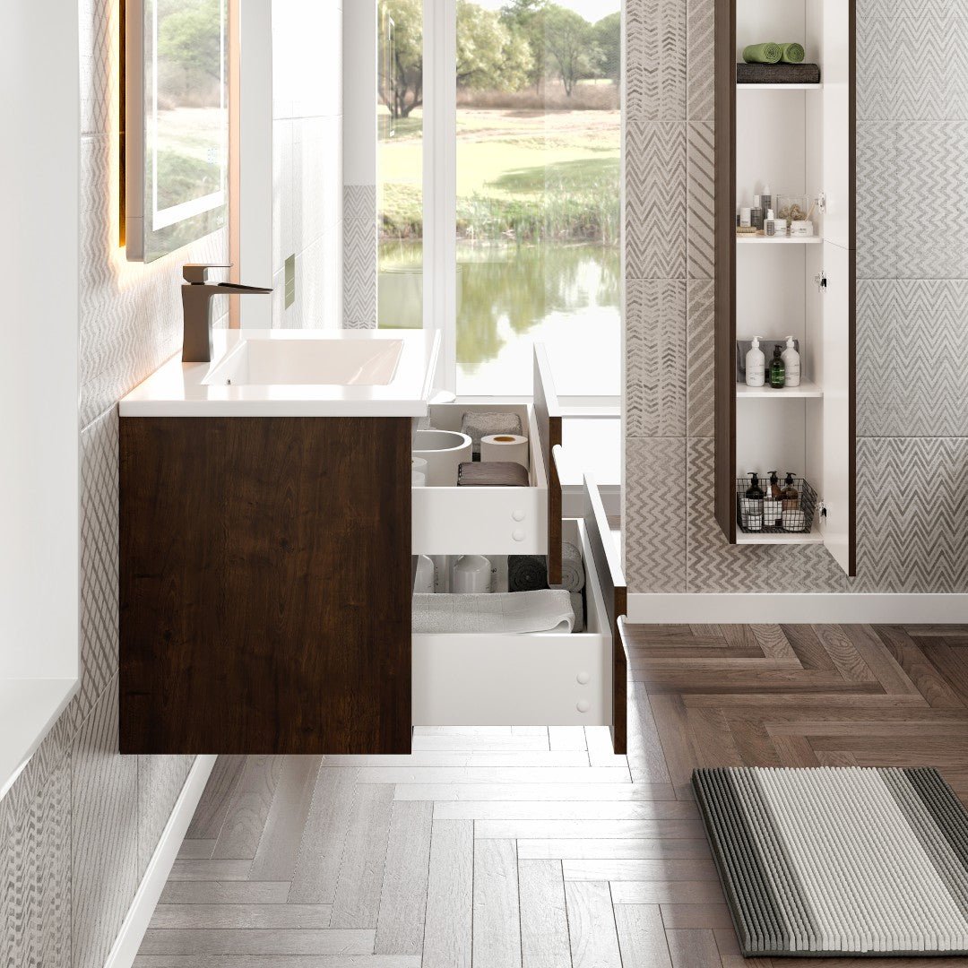 Joy 32 in. Rosewood Wall Mount Single Sink Bath Vanity with Porcelain Top and Integrated Sink - Bathroom Vanity by Eviva