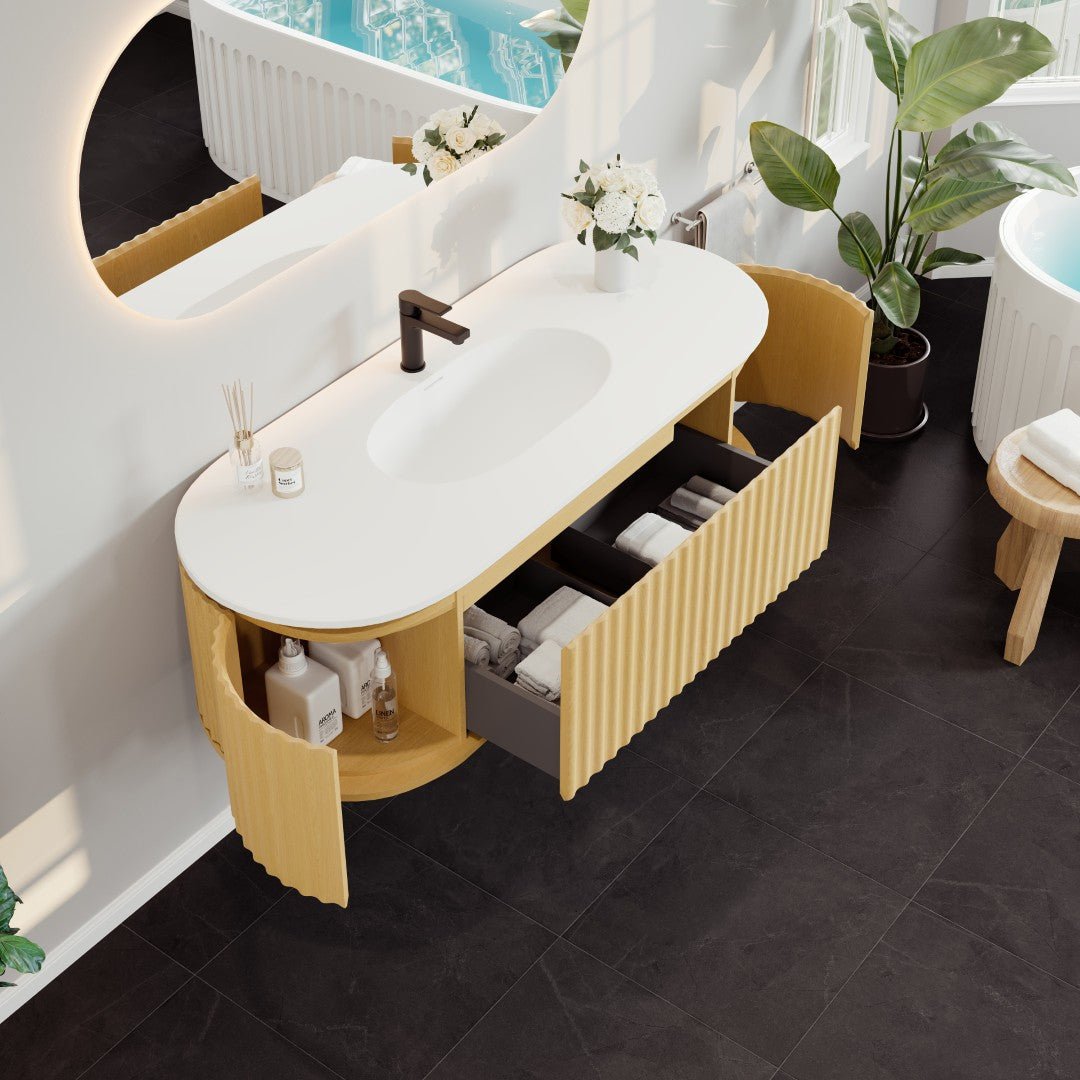 Haven 55 in. Natural Oak Wall Mount Single Sink Bath Vanity with Solid Surface Top and Integrated Sink - Bathroom Vanity by Eviva