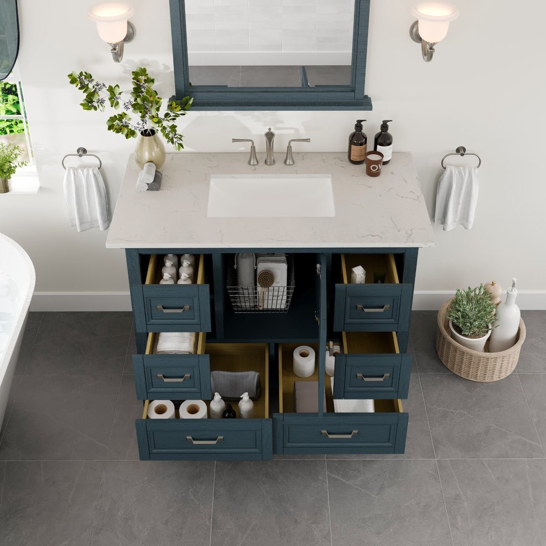 Britney 42 in. Ash Blue Single Sink Bath Vanity with Carrara Quartz Top and Undermount Porcelain Sink - Bathroom Vanity by Eviva