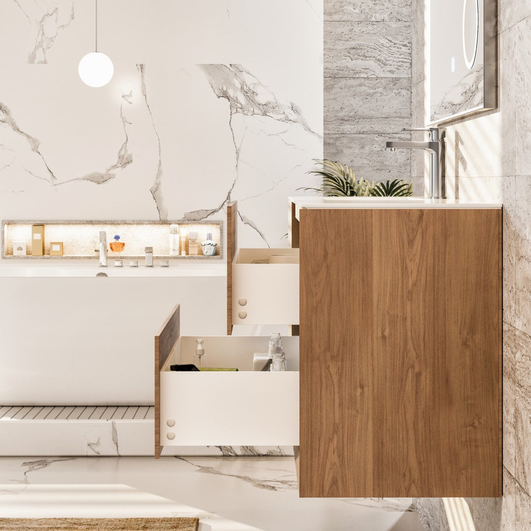 Prancer 44 in. Natural Oak Wall Mount Single Sink Bath Vanity with Solid Surface Top and Integrated Sink