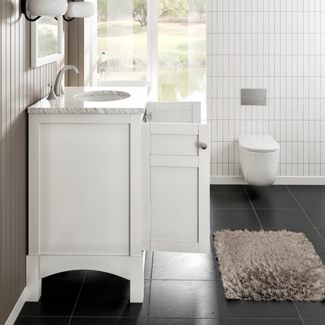 New York 30 in. White Single Sink Bath Vanity with Carrara Marble Top and Undermount Porcelain Sink