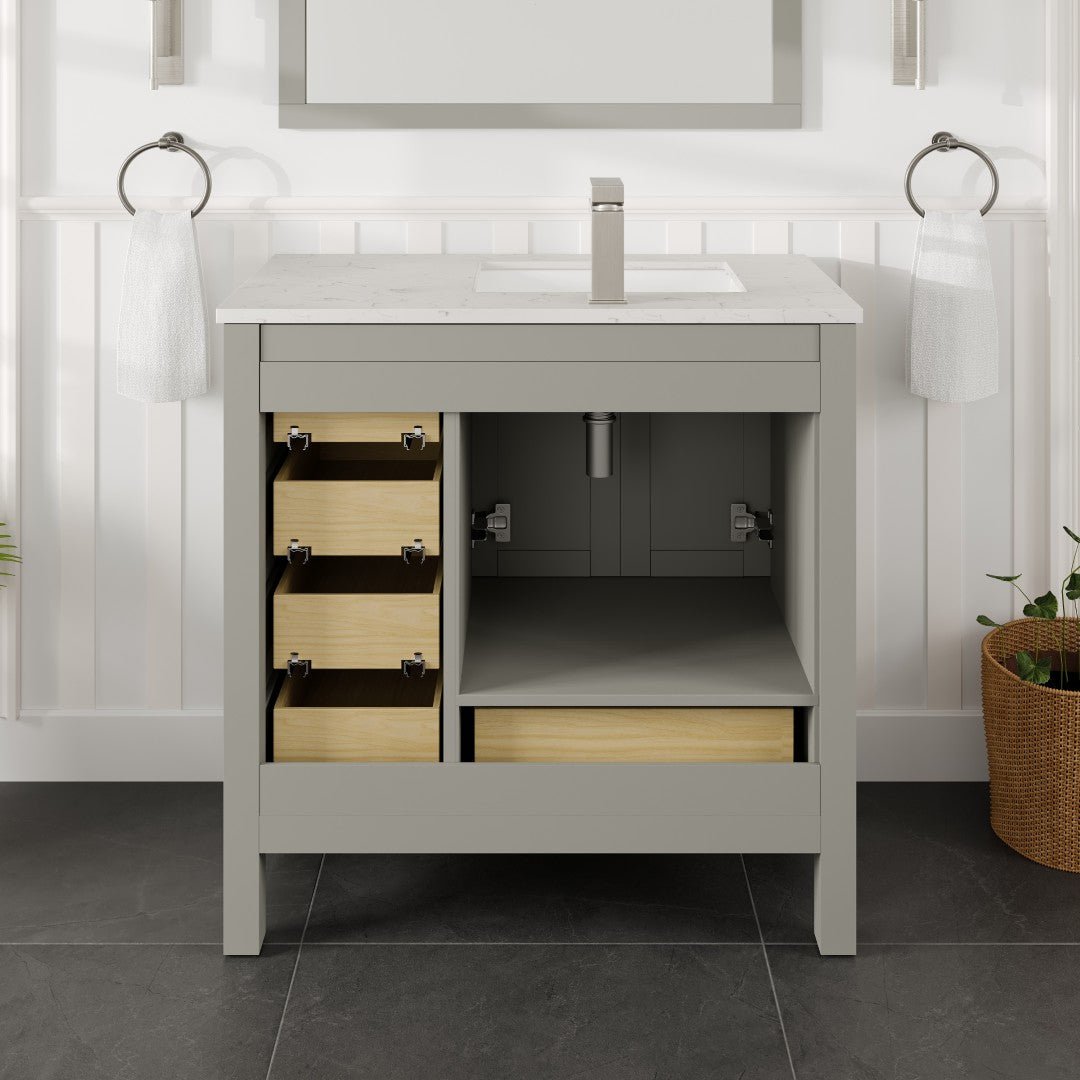London 36 in. Gray Single Sink Bath Vanity with Carrara Quartz Top and Undermount Porcelain Sink - Bathroom Vanity by Eviva