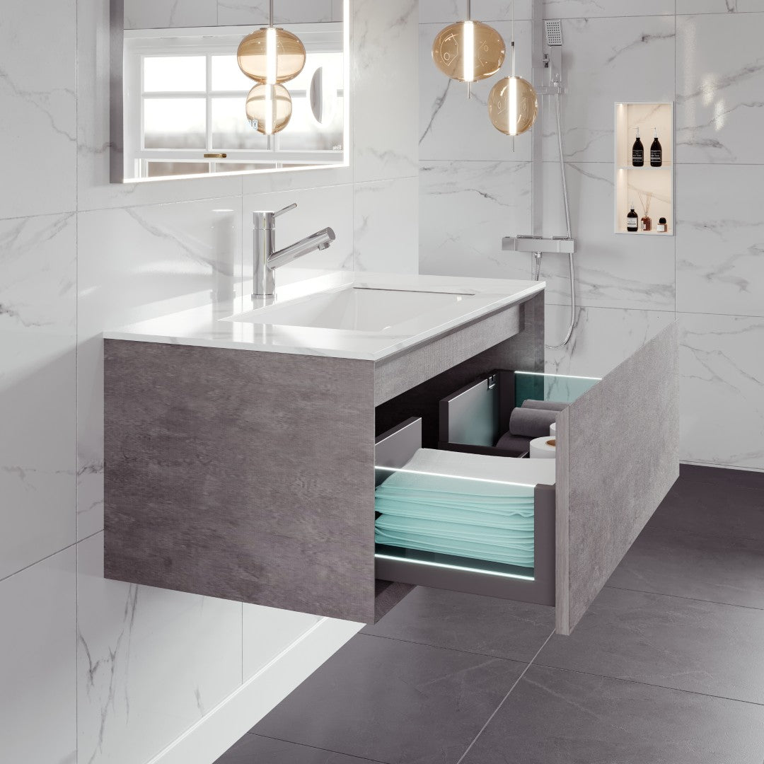 Aurora 36 in. Concrete Gray Wall Mount Single Sink Bath Vanity with Carrara Quartz Top and Undermount Porcelain Sink