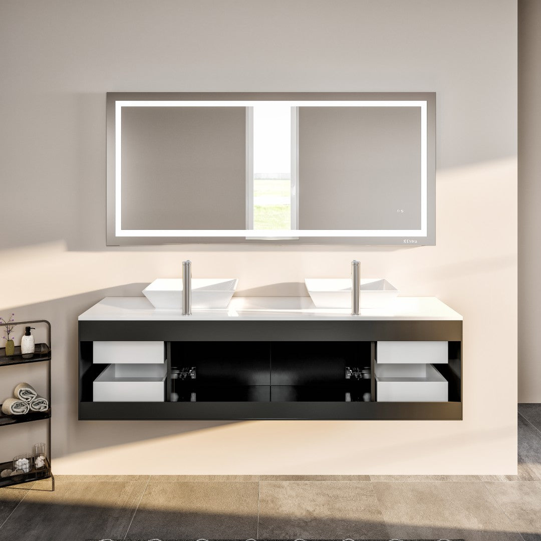 Wave 72 in. Espresso Wall Mount Double Sink Bath Vanity with White Quartz Top and Vessel Porcelain Sinks