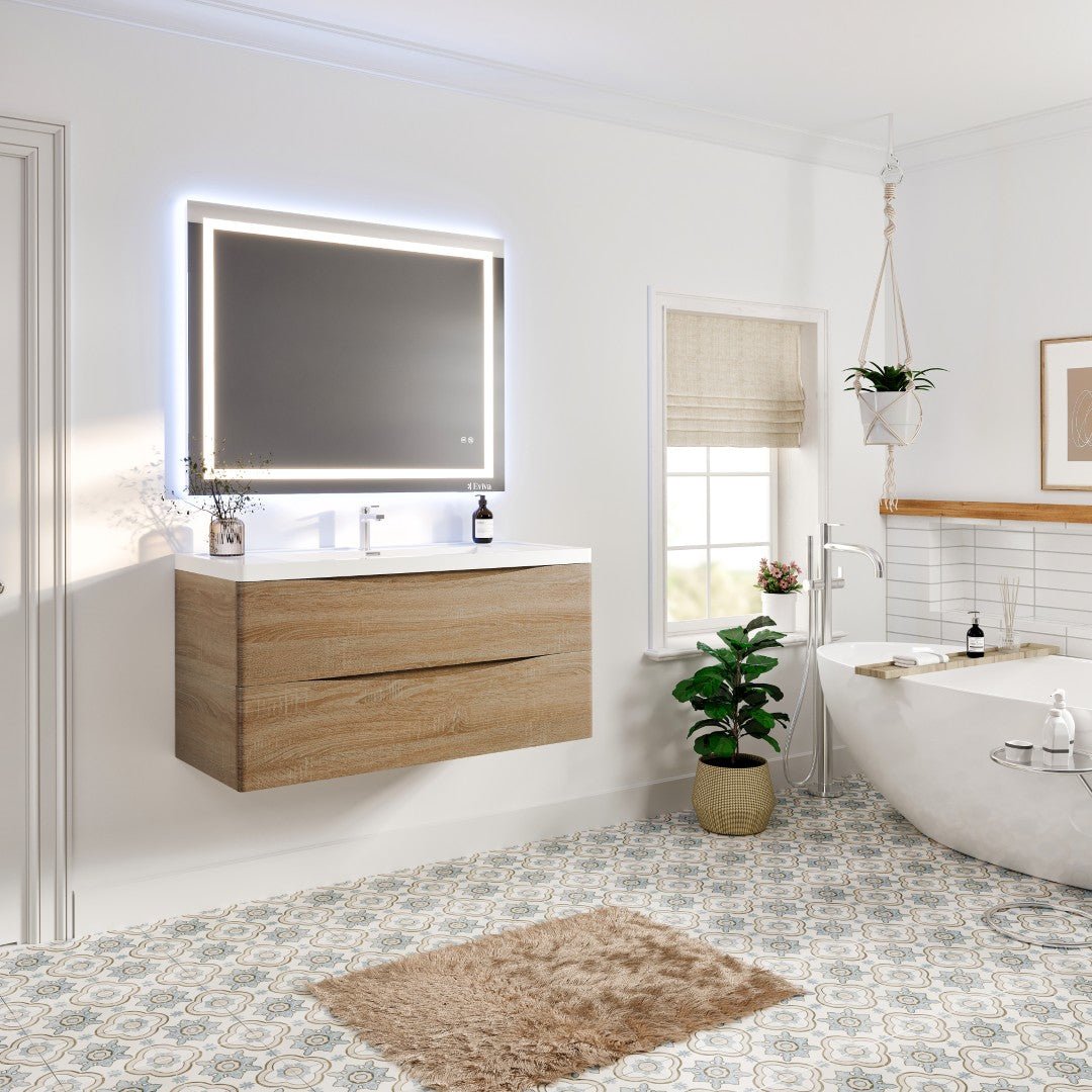 Smile 48 in. White Oak Wall Mount Single Sink Bath Vanity with Acrylic Top and Integrated Sink - Bathroom Vanity by Eviva