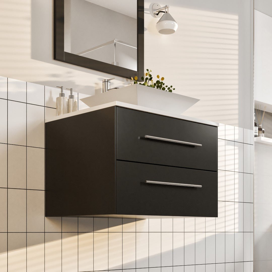 Wave 24 in. Espresso Wall Mount Single Sink Bath Vanity with White Quartz Top and Vessel Porcelain Sink - Bathroom Vanity by Eviva