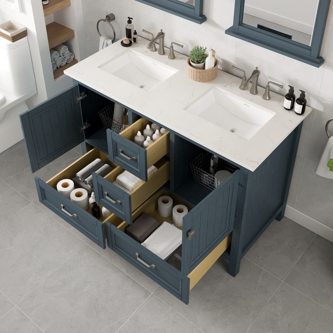 Britney 48 in. Ash Blue Double Sink Bath Vanity with Carrara Quartz Top and Undermount Porcelain Sinks - Bathroom Vanity by Eviva