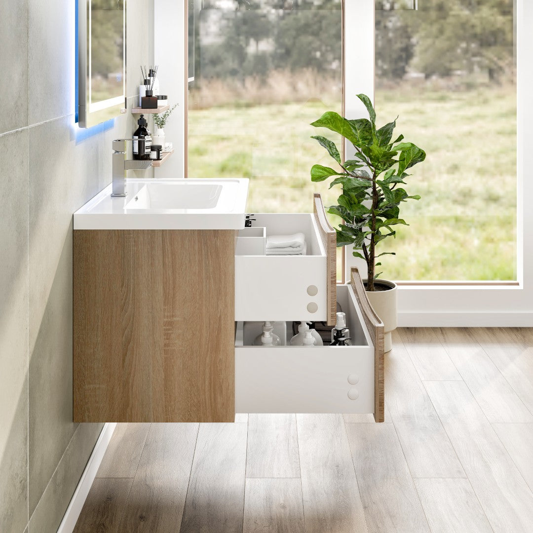 Smile 30 in. White Oak Wall Mount Single Sink Bath Vanity with Acrylic Top and Integrated Sink