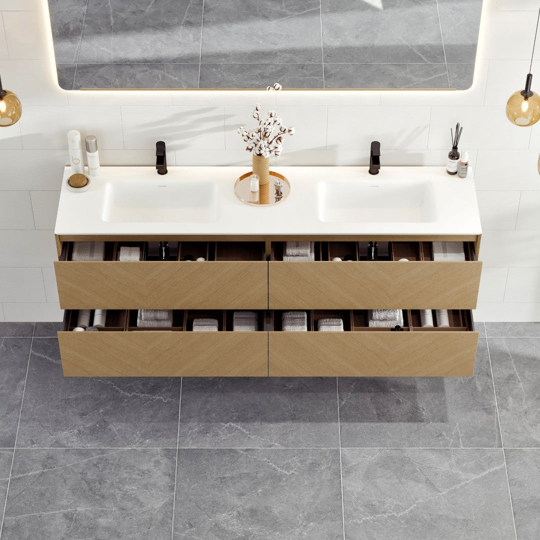 Lotus 59 in. Natural Oak Wall Mount Double Sink Bath Vanity with Solid Surface Top and Integrated Sinks