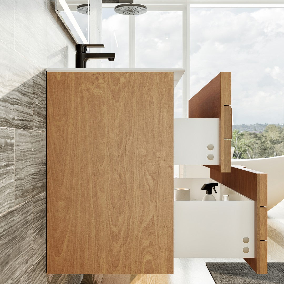 Mosaic 33 in. Natural Oak Wall Mount Single Sink Bath Vanity with Solid Surface Top and Integrated Sink