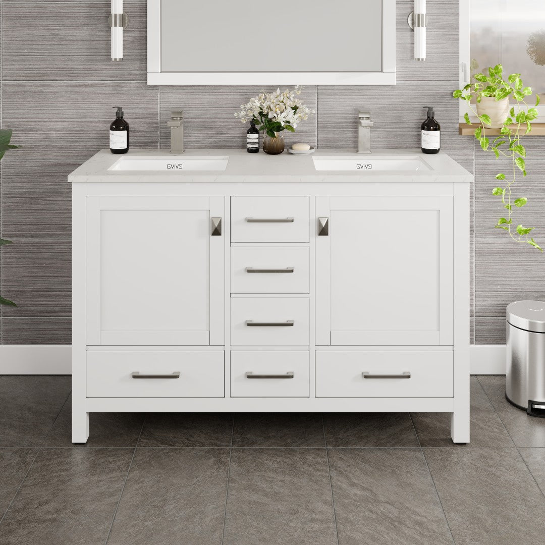 London 48 in. White Double Sink Bath Vanity with Carrara Quartz Top and Undermount Porcelain Sinks