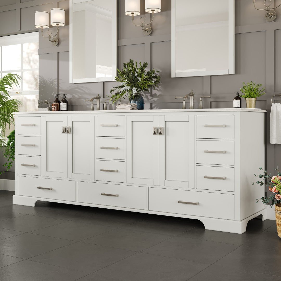 Storehouse 84 in. White Double Sink Bath Vanity with Carrara Quartz Top and Undermount Porcelain Sinks - Bathroom Vanity by Eviva