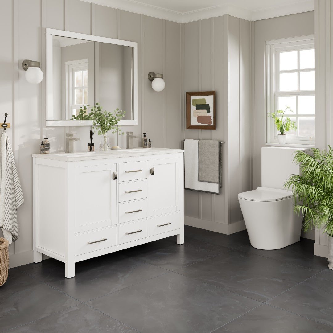 London 54 in. White Double Sink Bath Vanity with Carrara Quartz Top and Undermount Porcelain Sinks - Bathroom Vanity by Eviva