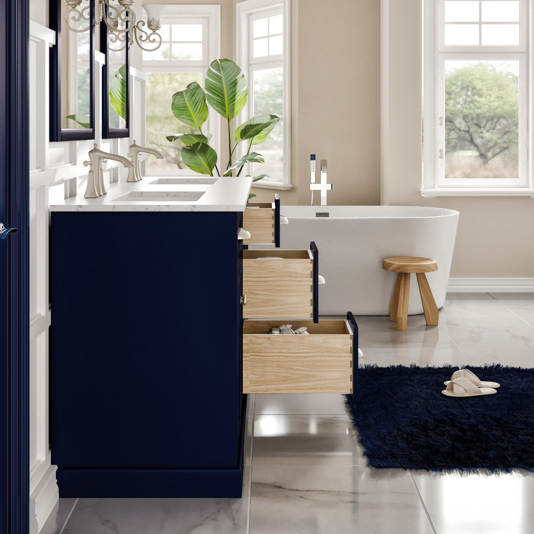Epic 60 in. Blue Double Sink  Bath Vanity with Carrara Quartz Top and Undermount Porcelain Sinks