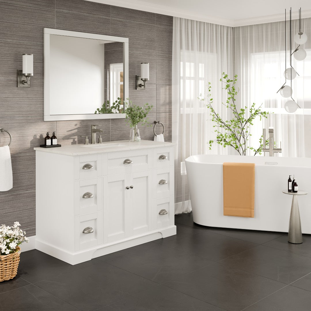 Epic 48 in. White Single Sink Bath Vanity with Carrara Quartz Top and Undermount Porcelain Sink