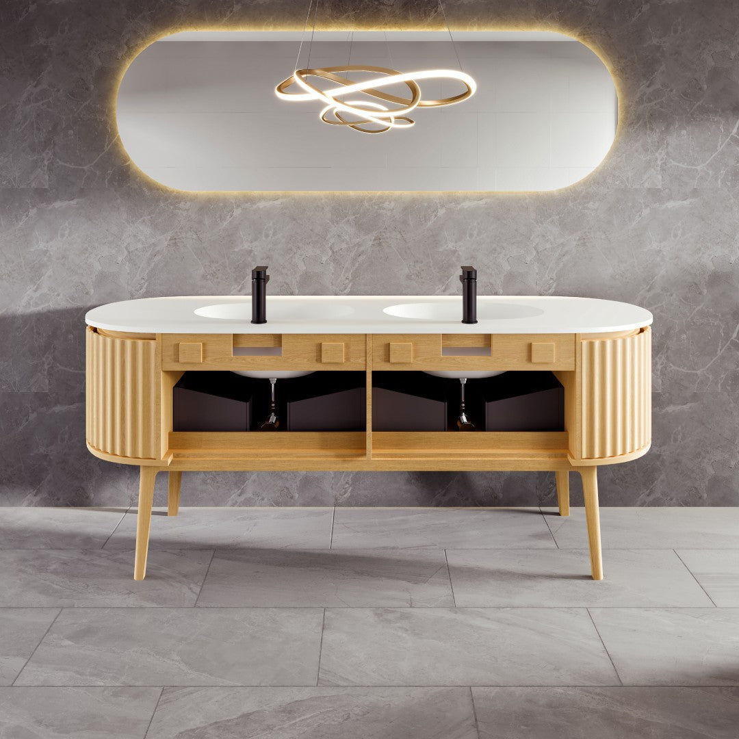 Haven 71 in. Natural Oak Double Sink  Bath Vanity with Solid Surface Top and Integrated Sinks
