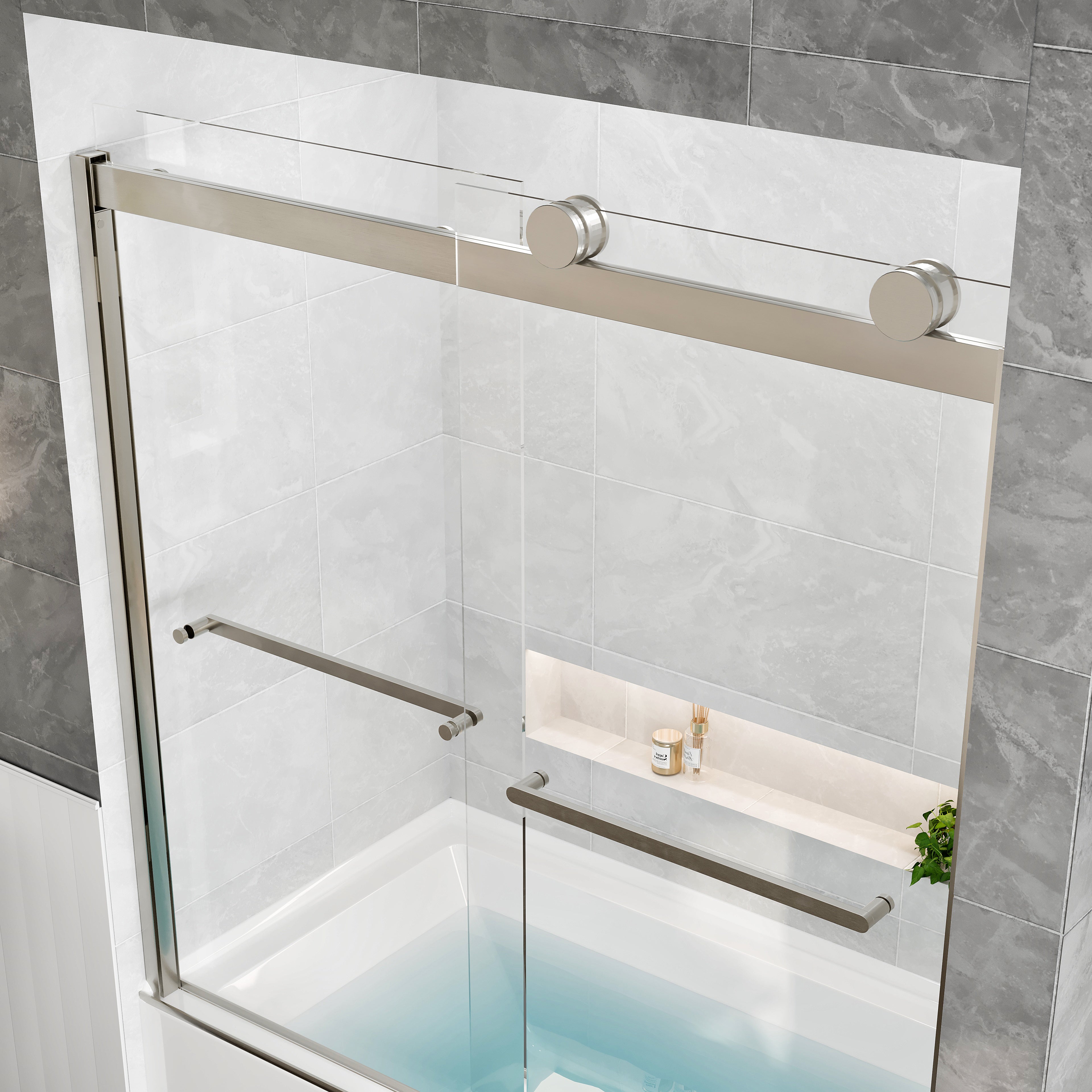 Eviva Luxor 60 in. W x 60 in. H Sliding Frameless Shower Door in Brushed Nickel with Tempered Glass