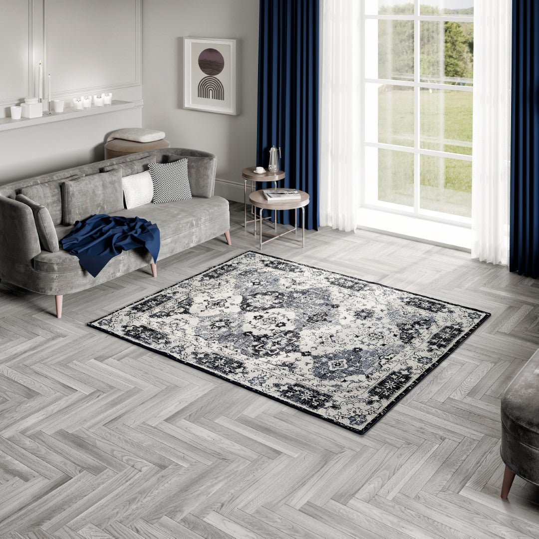 Eviva Mosaic 3' x 5' Damask Blue/Gray Rug - Rug by Eviva