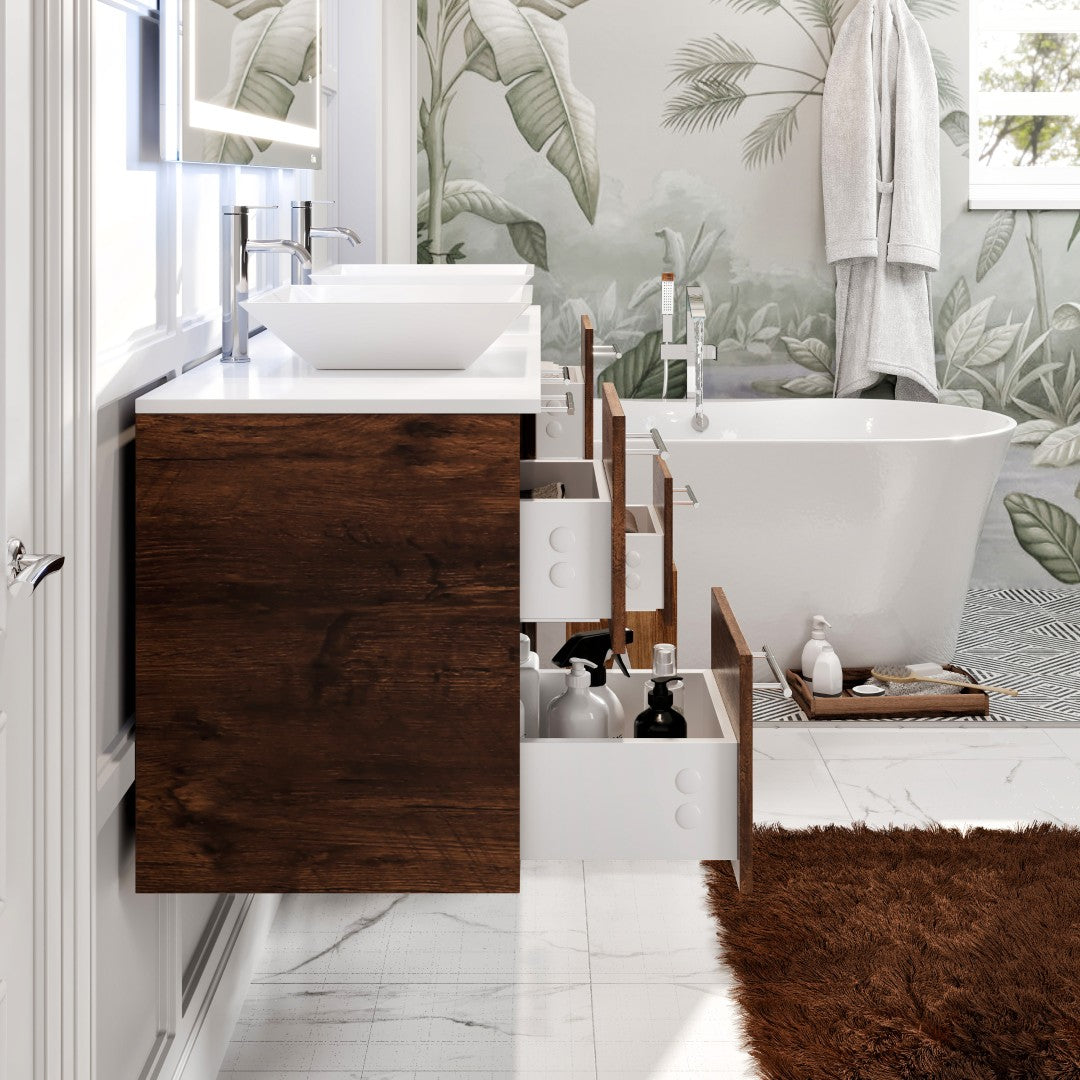 Luxurious 60 in. Rosewood Wall Mount Double Sink  Bath Vanity with White Quartz Top and Vessel Porcelain Sinks