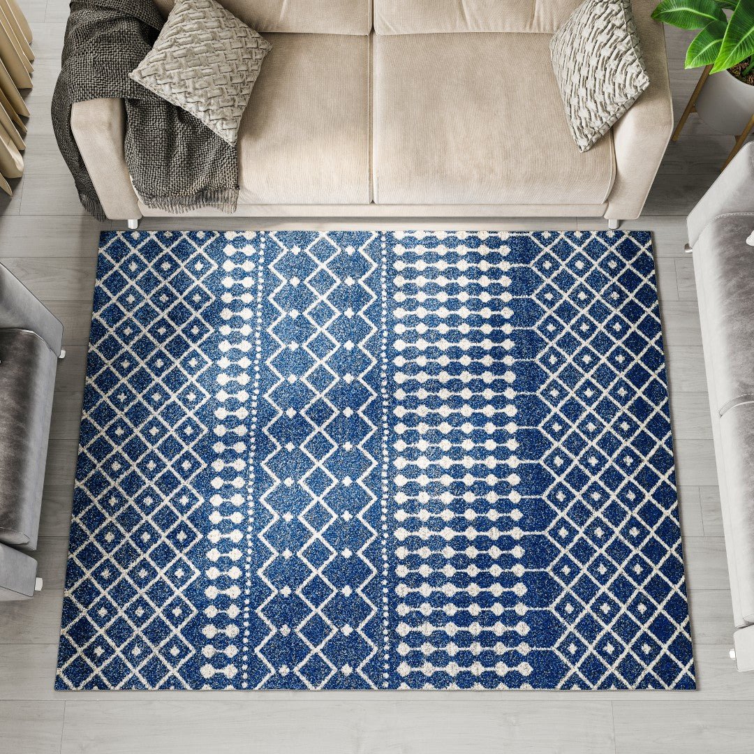 Eviva Grid 5' x 7' Geometric Blue/Cream Rug - Rug by Eviva