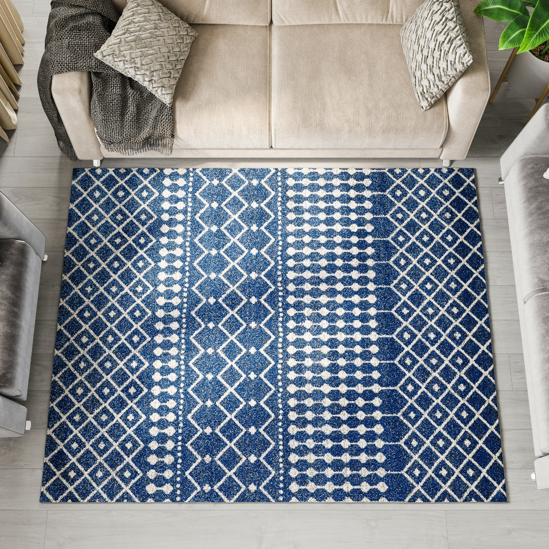 Eviva Grid 5' x 7' Geometric Blue/Cream Rug