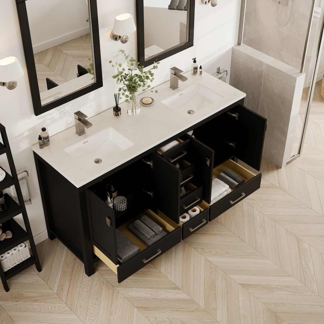 London 60 in. Espresso Double Sink Bath Vanity with Carrara Quartz Top and Undermount Porcelain Sinks