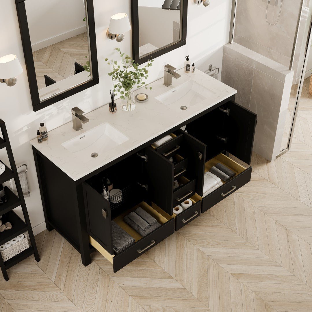 London 60 in. Espresso Double Sink Bath Vanity with Carrara Quartz Top and Undermount Porcelain Sinks - Bathroom Vanity by Eviva