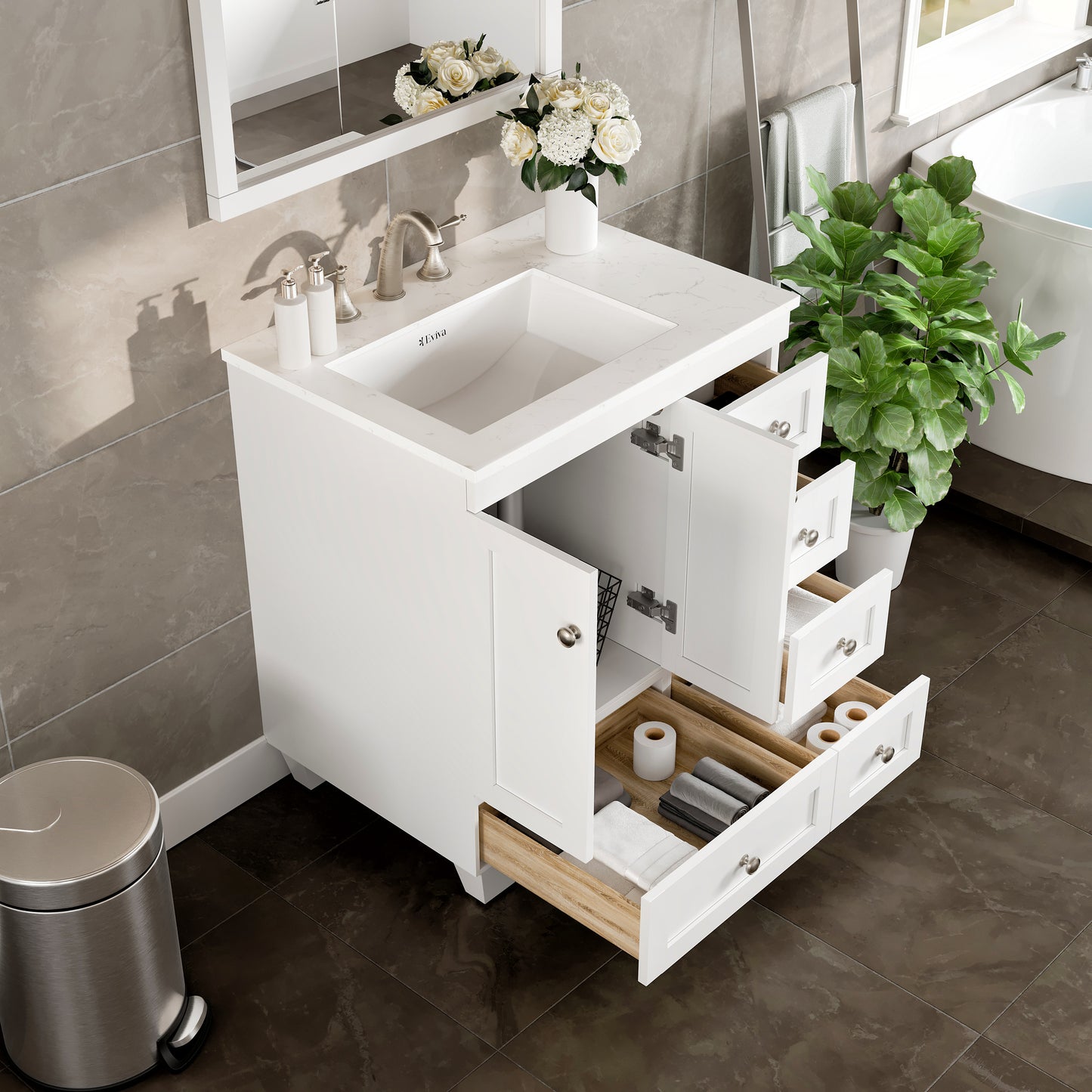 Acclaim 28"W x 22"D White Bathroom Vanity with Carrara Quartz Countertop and Undermount Porcelain Sink