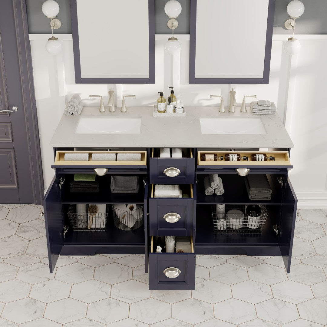 Epic 60 in. Charcoal Gray Double Sink  Bath Vanity with Carrara Quartz Top and Undermount Porcelain Sinks