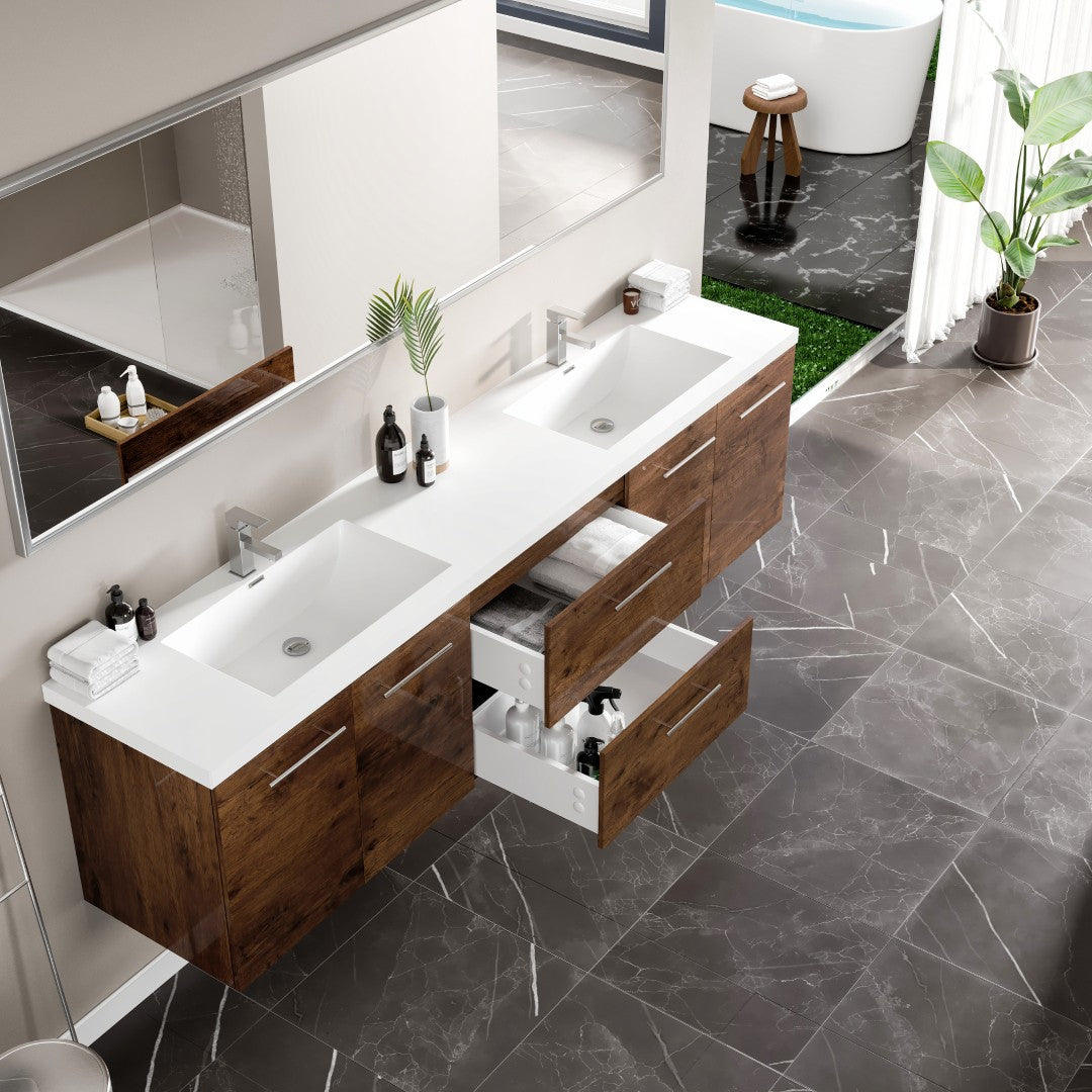 Lumina 84 in. Rosewood Wall Mount Double Sink Bath Vanity with Acrylic Top and Integrated Sinks
