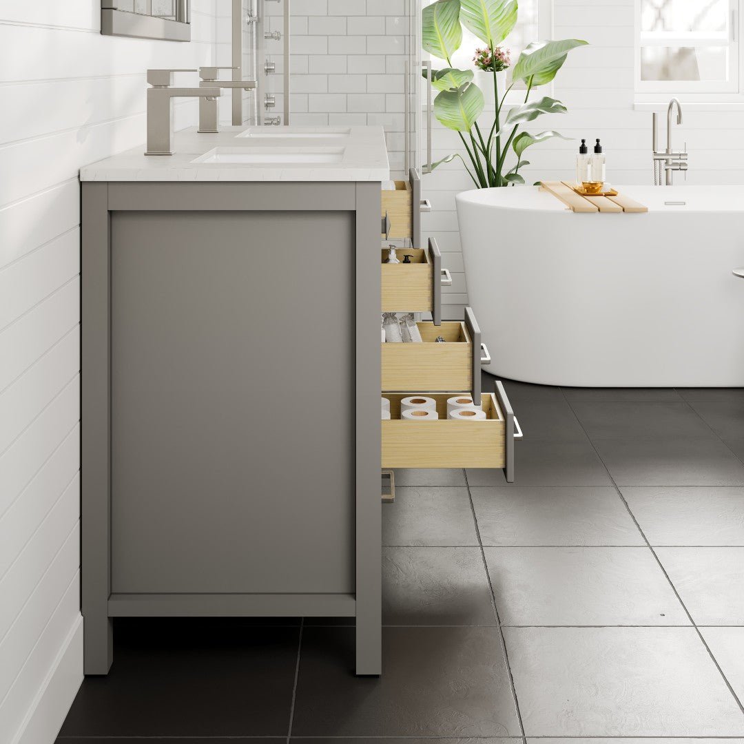 London 48 in. Gray Double Sink Bath Vanity with Carrara Quartz Top and Undermount Porcelain Sinks - Bathroom Vanity by Eviva