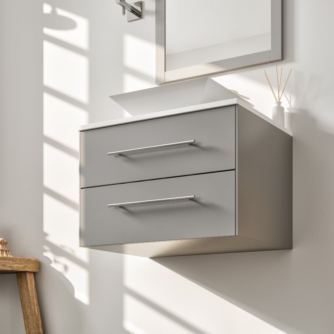 Wave 24 in. Gray Wall Mount Single Sink Bath Vanity with White Quartz Top and Vessel Porcelain Sink - Bathroom Vanity by Eviva
