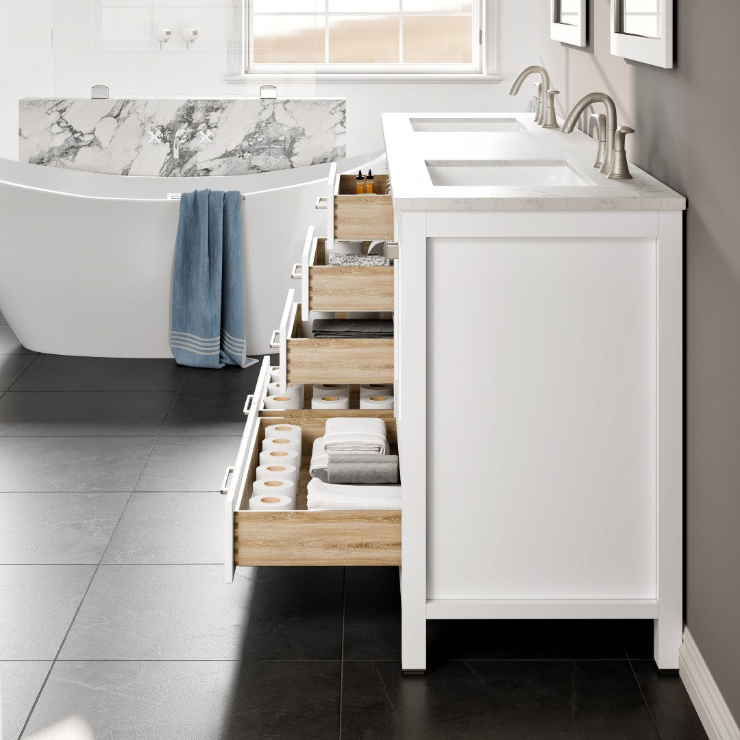 Aberdeen 84 in. White Double Sink Bath Vanity with Carrara Quartz Top and Undermount Porcelain Sinks