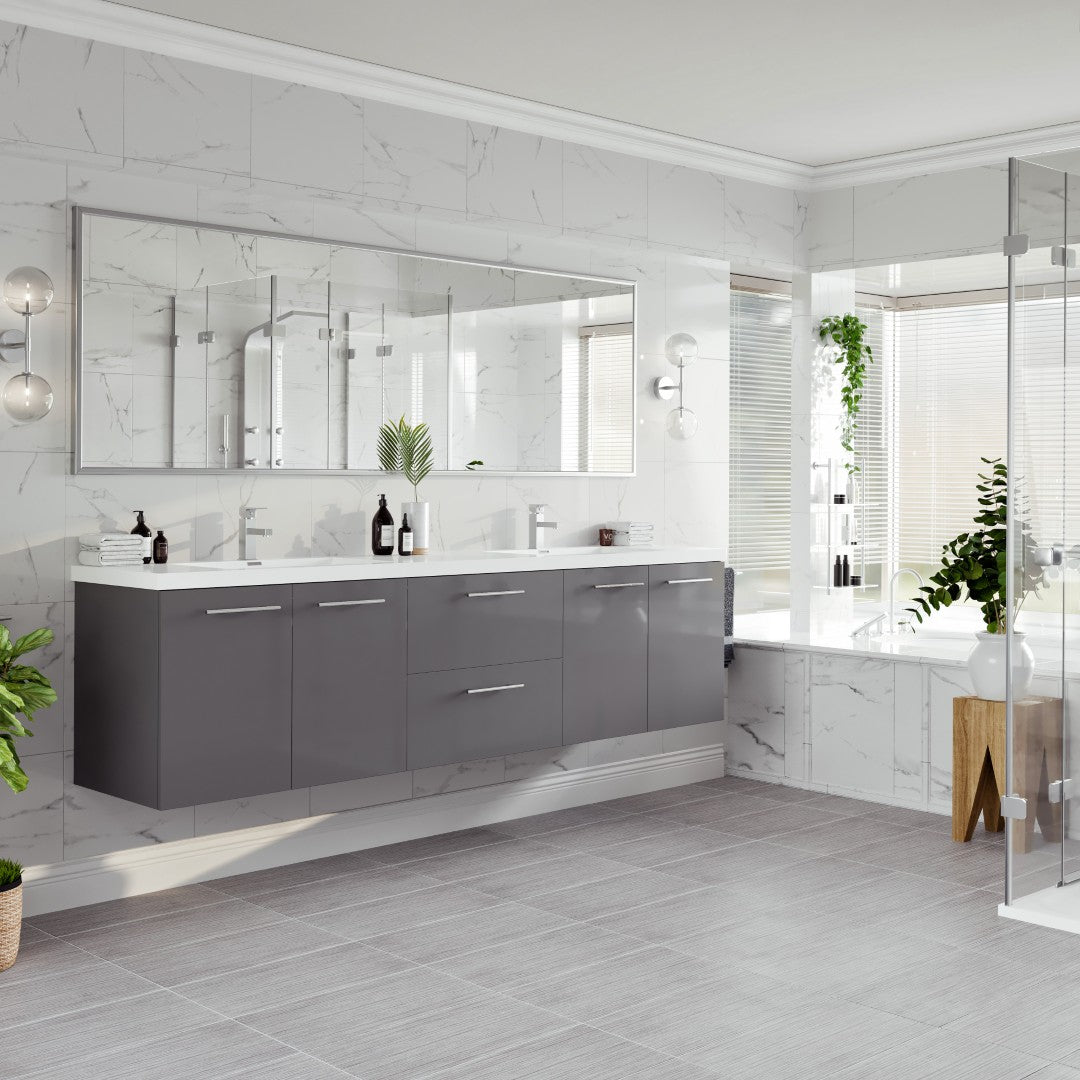 Lumina 84 in. Gray Wall Mount Double Sink Bath Vanity with Acrylic Top and Integrated Sinks