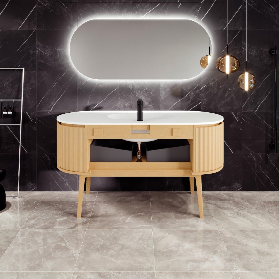 Haven 55 in. Natural Oak Freestanding Single Sink Bath Vanity with Solid Surface Top and Integrated Sink - Bathroom Vanity by Eviva