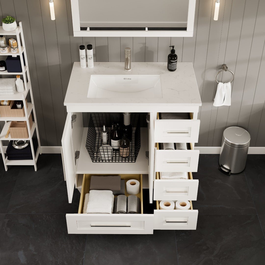 Loon 30 in. White Single Sink Bath Vanity with Carrara Quartz Top and Undermount Porcelain Sink - Bathroom Vanity by Eviva