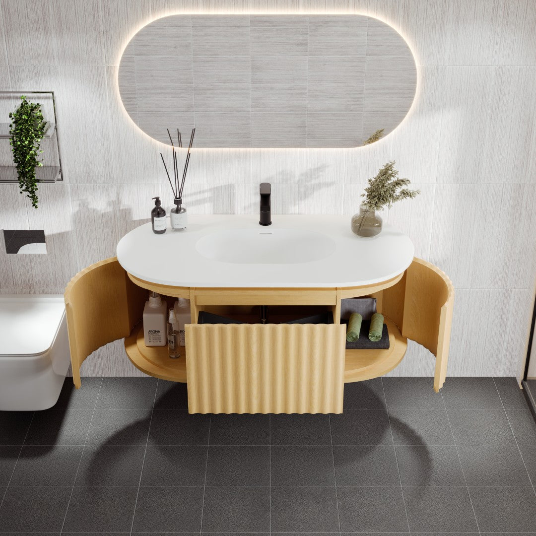 Haven 39 in. Natural Oak Wall Mount Single Sink Bath Vanity with Solid Surface Top and Integrated Sink