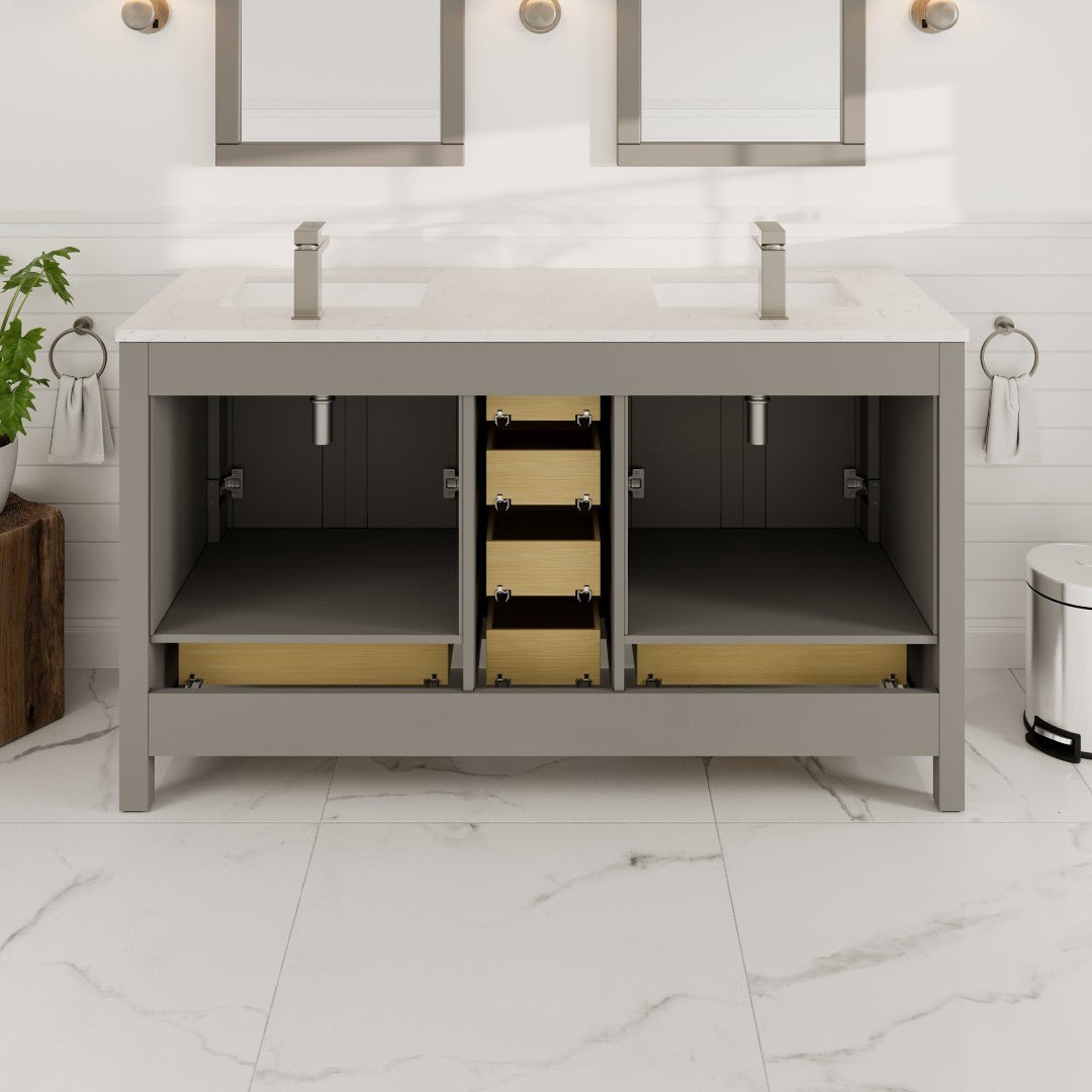 London 60 in. Gray Double Sink Bath Vanity with Carrara Quartz Top and Undermount Porcelain Sinks - Bathroom Vanity by Eviva