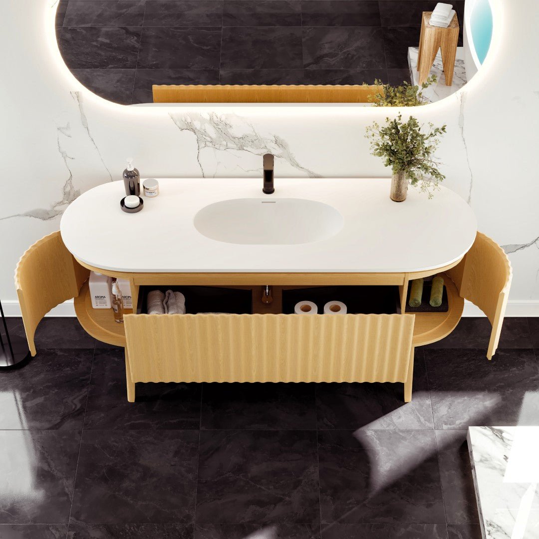Haven 64 in. Natural Oak Freestanding Single Sink Bath Vanity with Solid Surface Top and Integrated Sink - Bathroom Vanity by Eviva