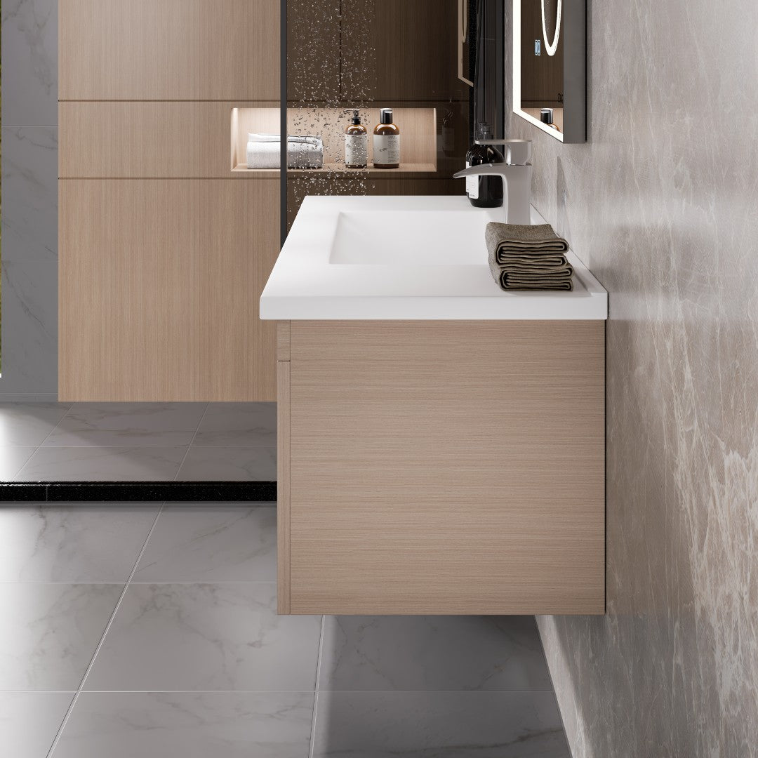 Orleans 38 in. Light Oak Wall Mount Single Sink Bath Vanity with Porcelain Top and Integrated Sink