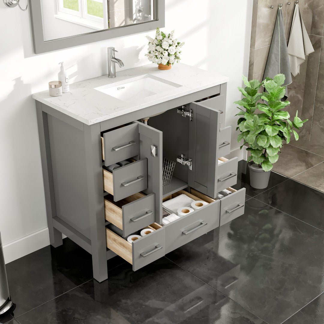 Hampton 36" x 18" Gray Single Sink Bath Vanity with Carrara Quartz Top and Undermount Porcelain Sink - Bathroom Vanity by Eviva