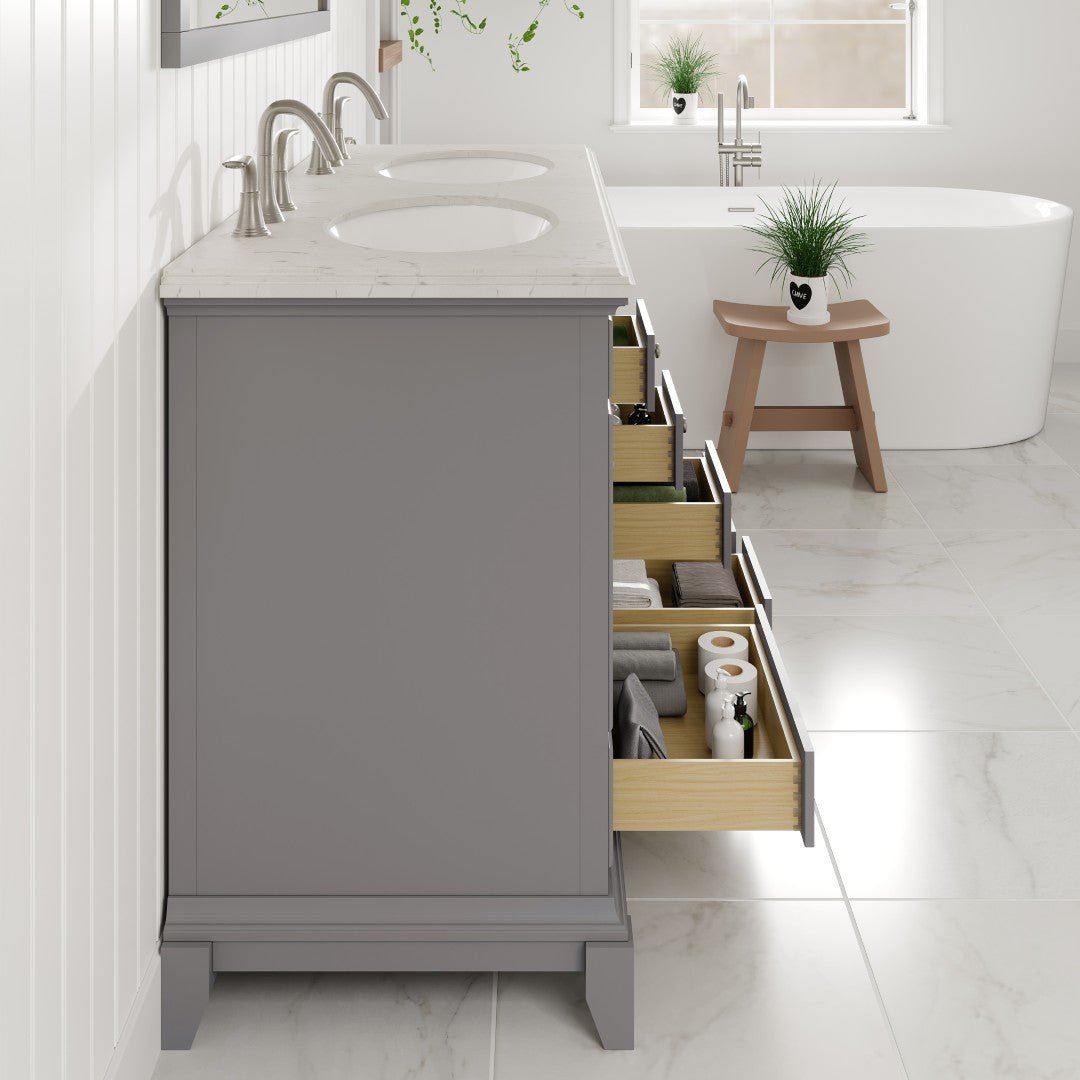 Elite Stamford 48 in. Gray Double Sink Bath Vanity with Carrara Quartz Top and Undermount Porcelain Sinks - Bathroom Vanity by Eviva