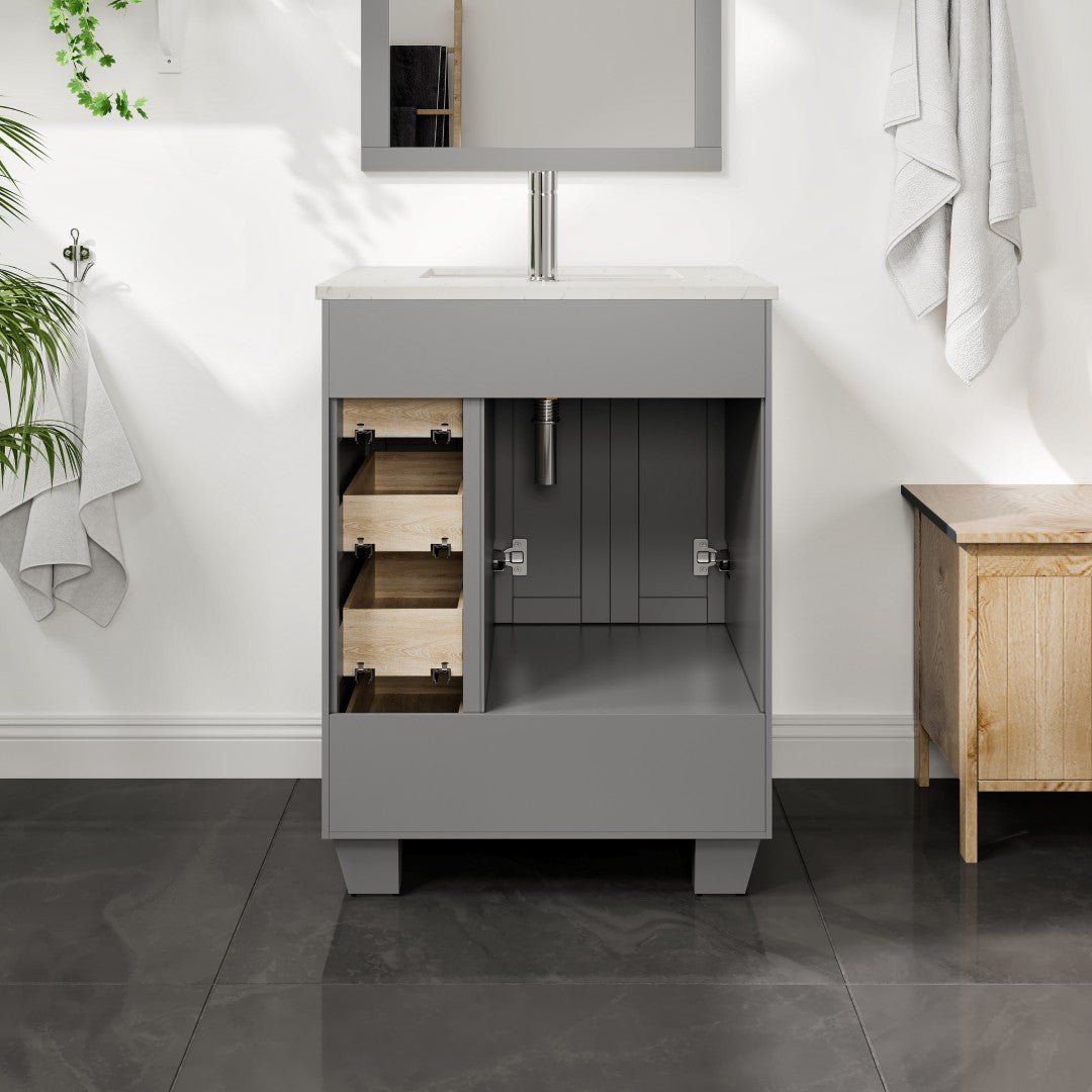 Happy 24 in. Gray Single Sink Bath Vanity with Carrara Quartz Top and Undermount Porcelain Sink - Bathroom Vanity by Eviva