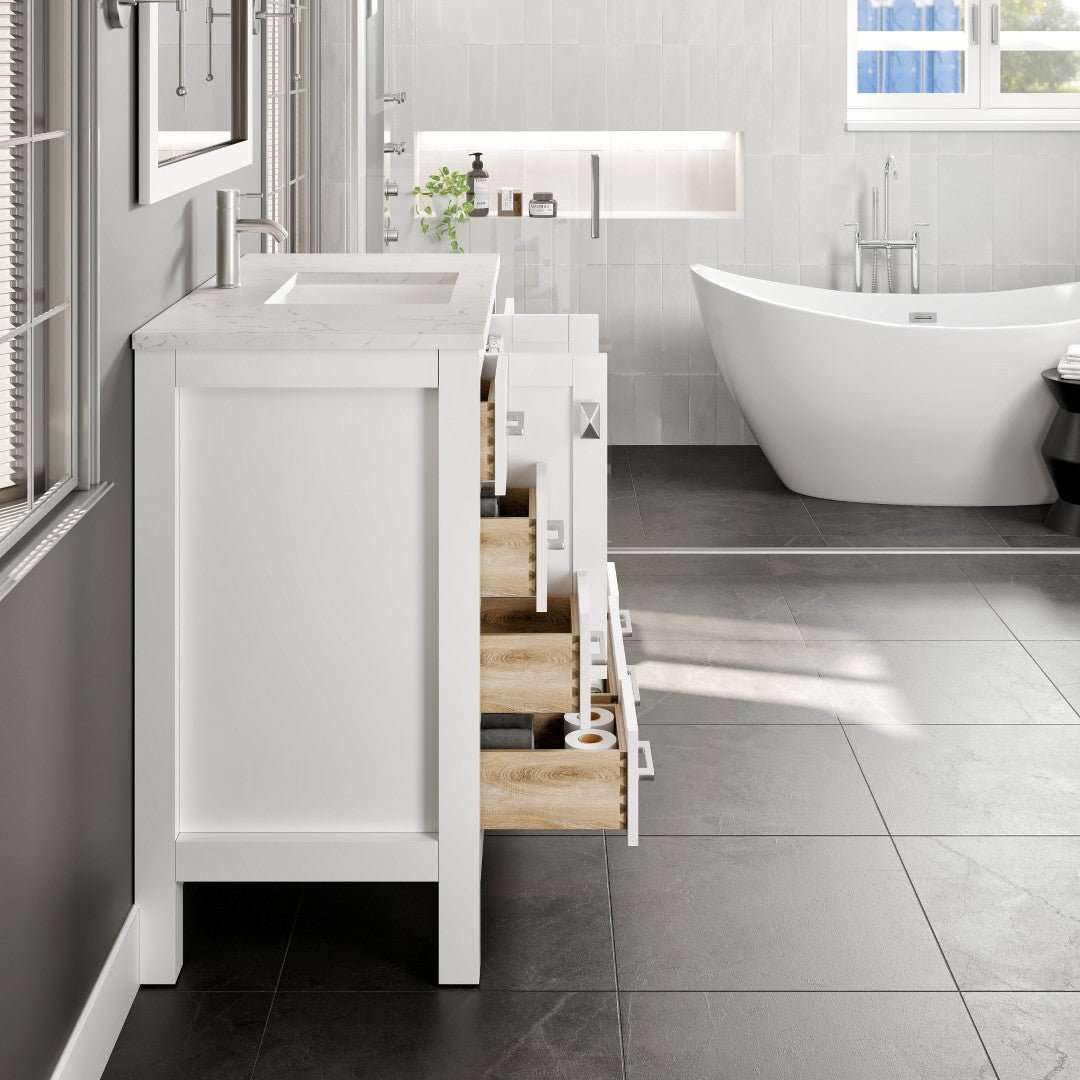 Hampton 36" x 18" White Single Sink Bath Vanity with Carrara Quartz Top and Undermount Porcelain Sink - Bathroom Vanity by Eviva